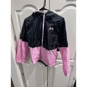 Under Armour Girls YXL Hooded Windbreaker Jacket Black Pink  Zip NWT MSRP $65